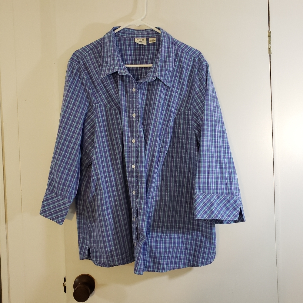 Riders by Lee Easy Care Womens Size 4X Plaid Button Up Blouse 3/4 Sleeve Top
